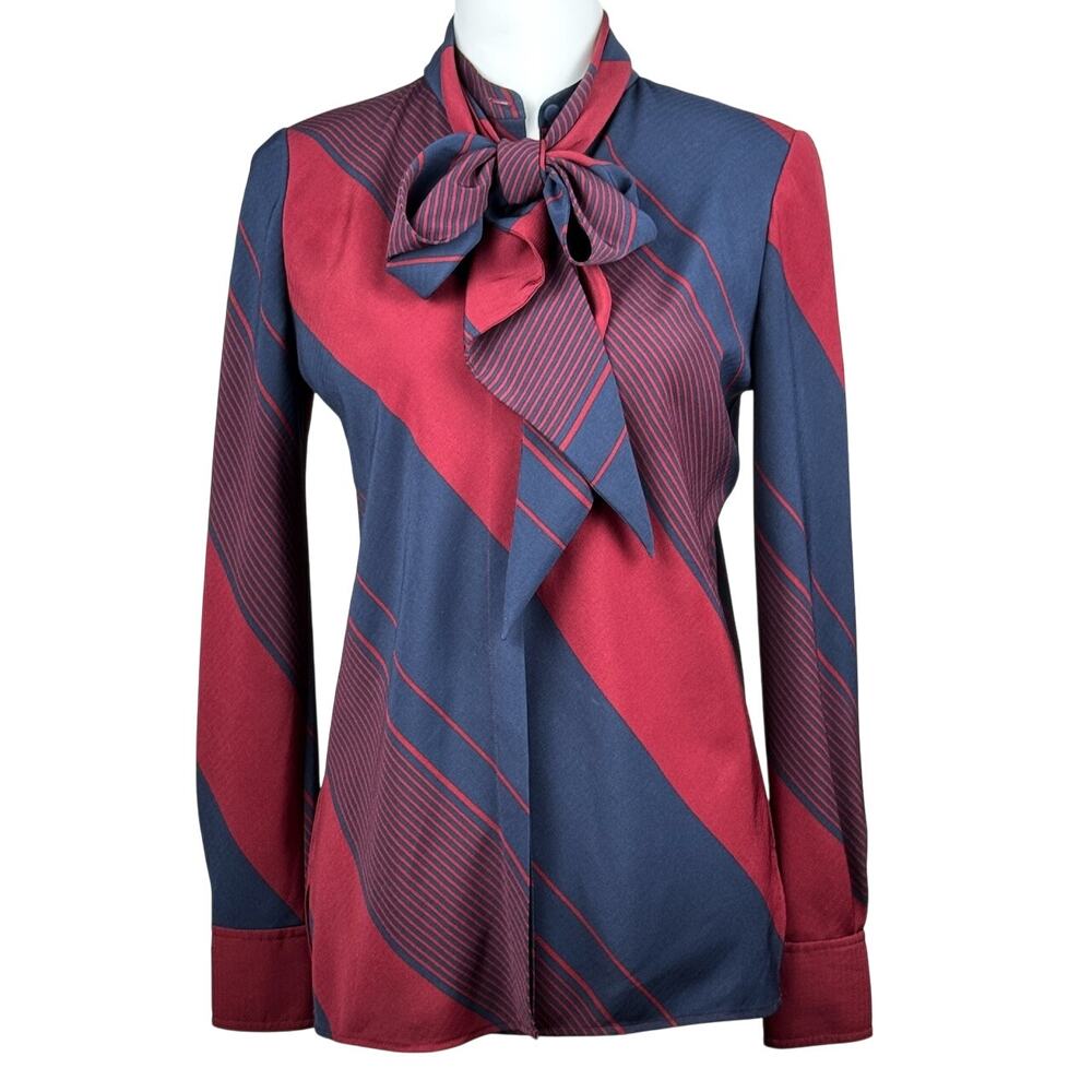 Tory Burch Navy and Burgundy Striped Bow Blouse